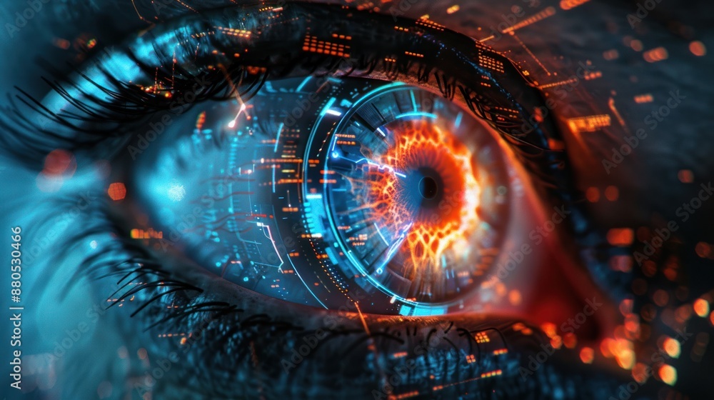 Poster hacker or ai robot eye in dark tech space, cyborg vision on digital background. concept of cyber sec