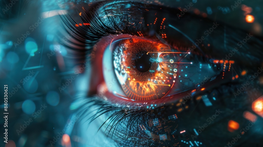 Aufkleber hacker or ai robot eye in dark tech space, cyborg vision on digital background. concept of cyber sec
