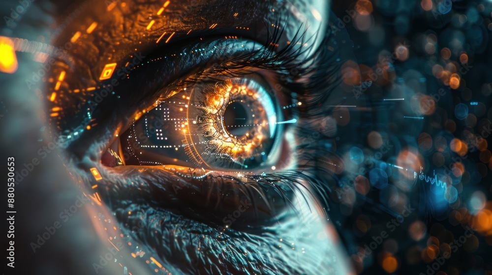Poster hacker or ai robot eye in dark tech space, cyborg vision on digital background. concept of cyber sec