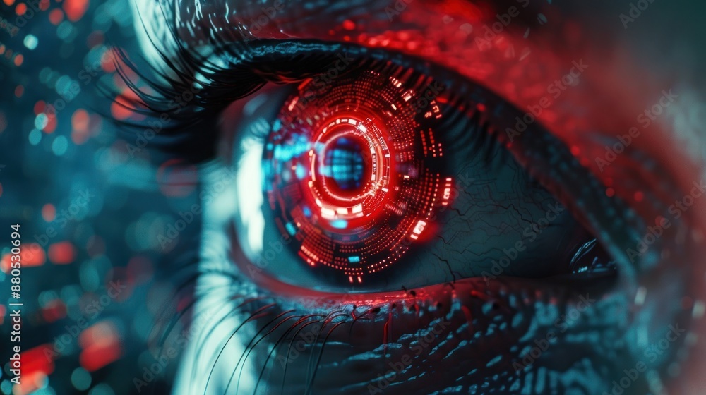 Poster hacker or ai robot eye in dark tech space, cyborg vision on digital background. concept of cyber sec