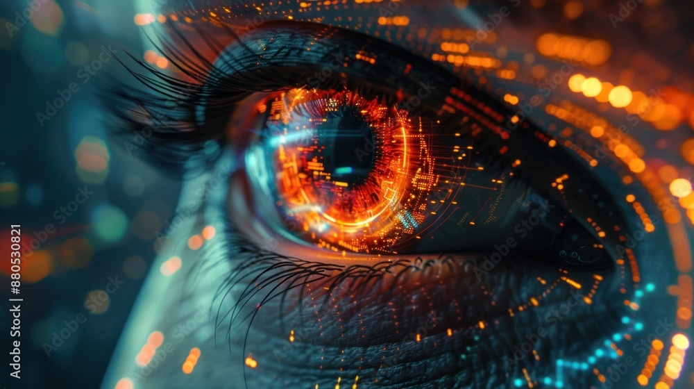 Poster hacker or ai robot eye in dark tech space, cyborg vision on digital background. concept of cyber sec