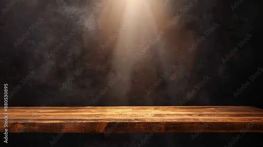Poster this is an empty wooden table with a black background and a spotlight. it can be used to display or 
