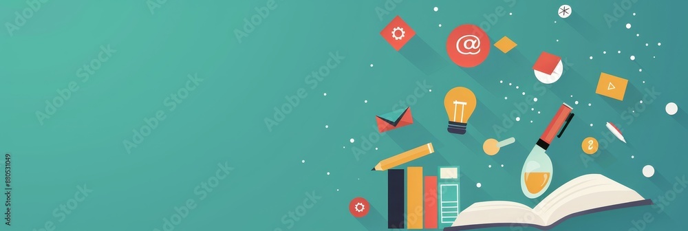 Poster open book with flying icons - a flat design illustration of an open book with various icons flying o