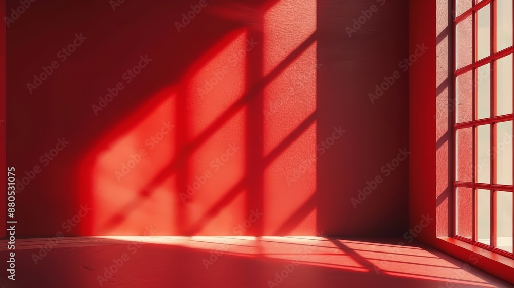 Poster red studio background with shadows of windows for presenting products.
