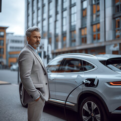 Mature businessman looking confidently next to his electric car, charging in a city