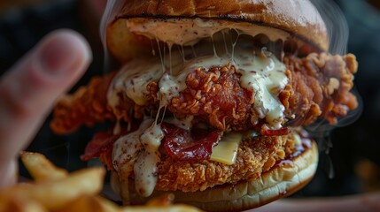 the most mouthwatering delicious breaded chicken sandwich with cheese and bacon and sauce