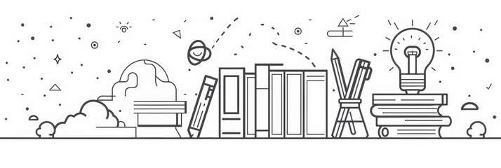 Education and Knowledge Conceptual Illustration - A simple line art illustration depicting the concept of education and knowledge, featuring books, pencils, a lightbulb, and other abstract elements. -