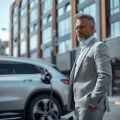Mature businessman standing next to his electric car in a city setting, plugged into a charging station.