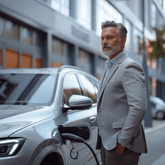 Businessman smiling and standing next to his electric car in an urban environment