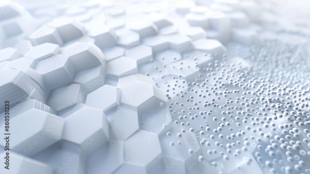 Poster this is a futuristic white hexagon background. a futuristic honeycomb concept. a wave of particles. 