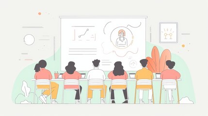 Business Meeting Illustration - Illustration of a business meeting with a team listening to a presentation. - Illustration of a business meeting with a team listening to a presentation.