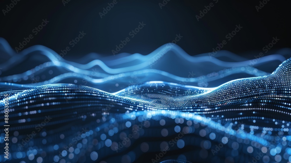 Poster abstract futuristic background with waves, dots, and lines. waves of particles on dark background. d