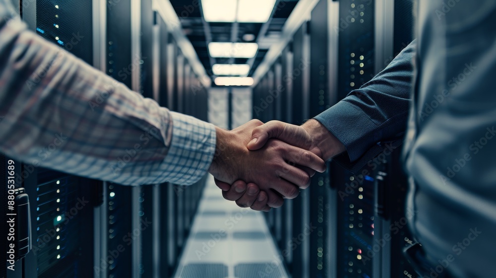 Poster coupled up for professional it services. cropped shot of two men shaking hands in a data center in f