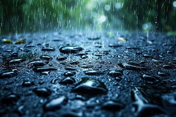 Fototapeta premium A mesmerizing close-up of raindrops splashing and creating ripples on a dark surface, capturing the essence of rainfall's interaction with surfaces and elements.