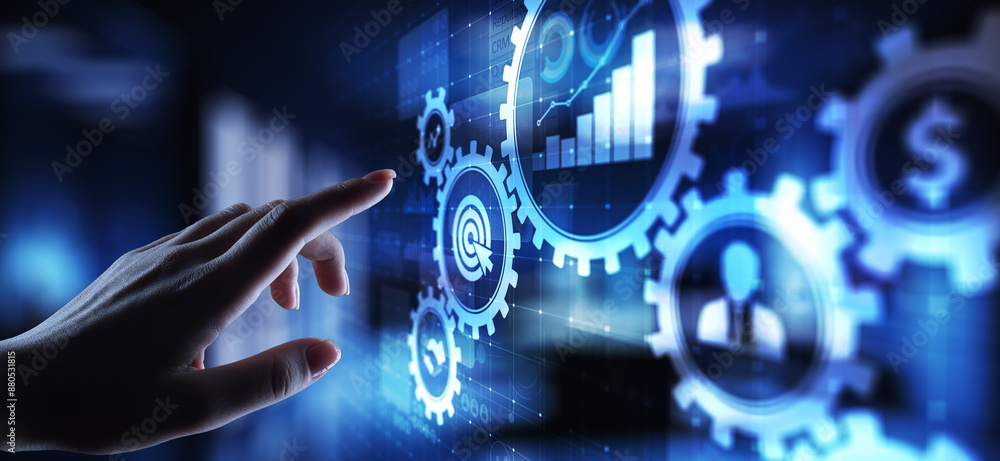 Poster business process management, automation workflow, document validation, connected gear cogs with icon