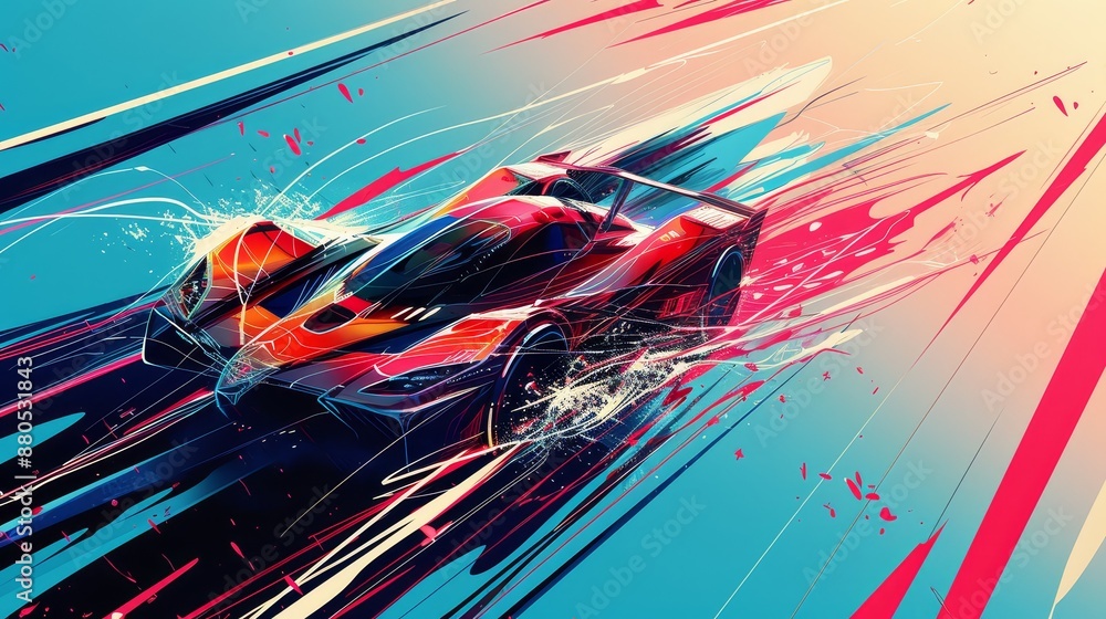 Poster red race car in motion - a red race car in motion, with a blurred background and abstract lines, cre