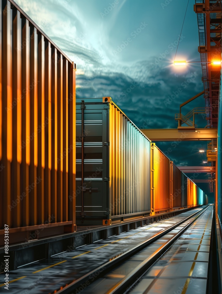 Poster cargo containers on a rail track at night - a row of cargo containers sit on a rail track in a port,