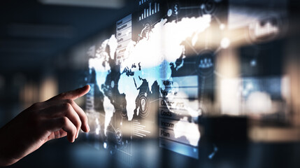 Business and marketing strategy dashboard, Data analysis control panel on virtual screen.