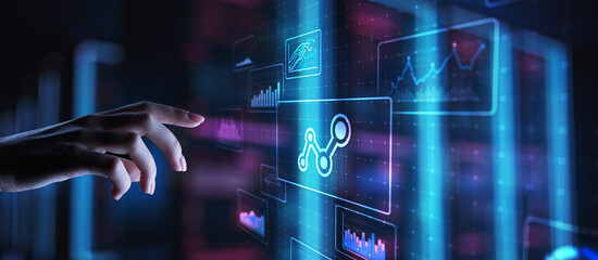 Big data analysis, business intelligence, technology solutions concept on virtual screen.