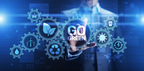 GO green eco technology ecology earth planet saving alternative energy. Button on virtual screen.