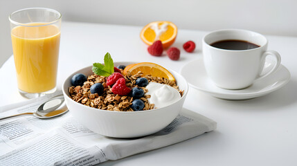 Healthy Breakfast with Granola, Berries, and Coffee