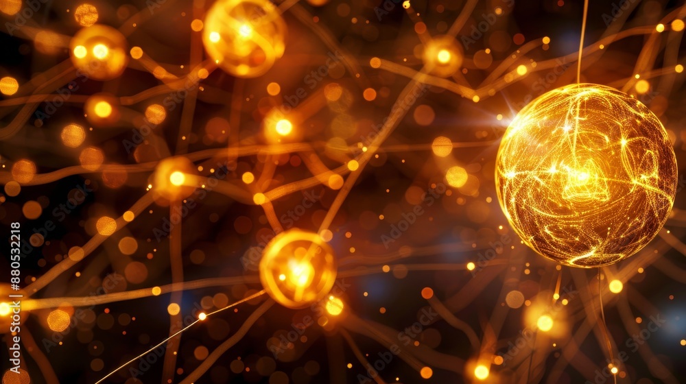 Poster golden network of interconnected nodes a close-up view of glowing energy and dynamic connections.