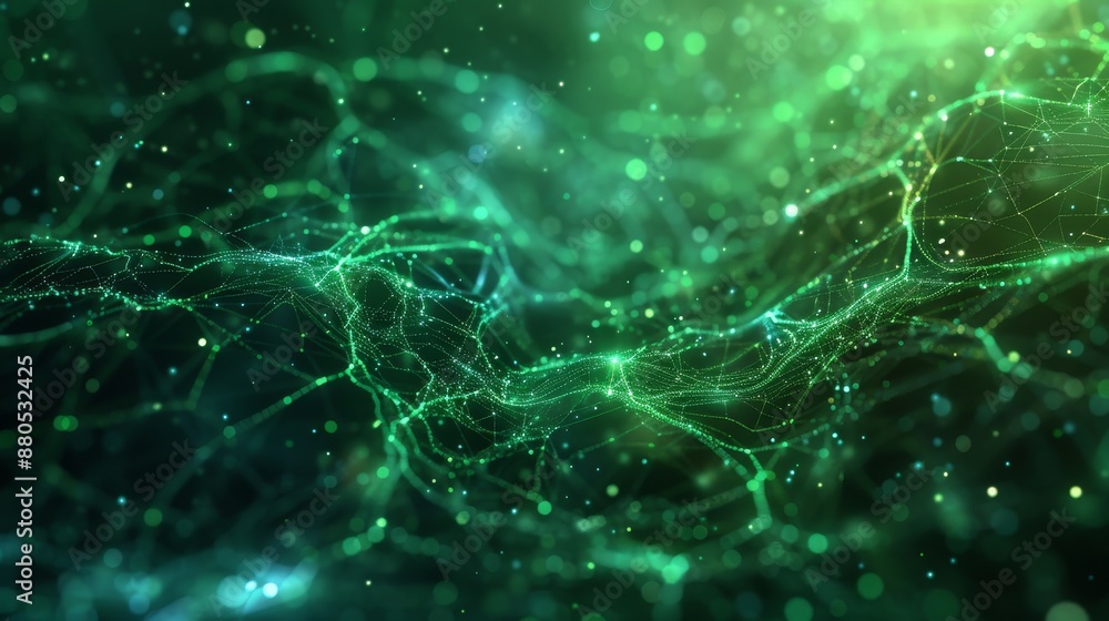 Poster blue green abstract technology background. cyber network grid with connected particles. artificial n