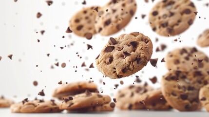 Over a transparent background, chocolate chip cookies fall
