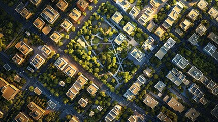 Fototapeta premium Aerial View of Cityscape with a Central Park - An aerial perspective showcasing a dense cityscape with a central park, highlighting the contrast between urban development and natural green spaces. - A