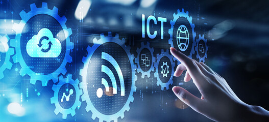 ICT Information communication technology internet concept on virtual screen.