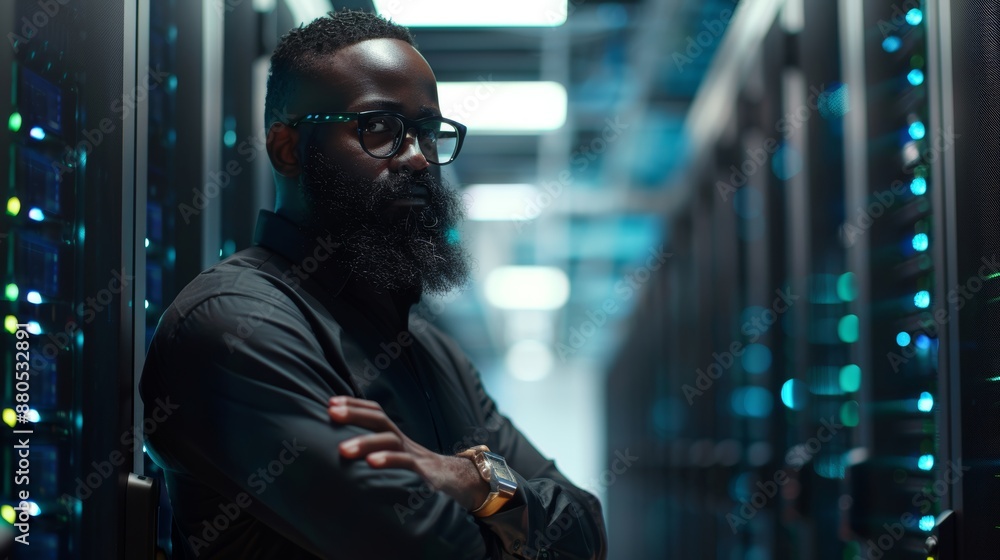 Poster bearded black it engineer posing with crossed arms in a server room with server computers working on