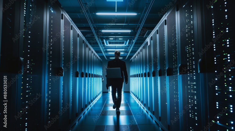 Poster the black data center it technician has his laptop computer in hand and is examining the working ser