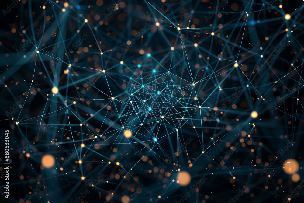 Poster network growing showing connections with lines and dots on dark background