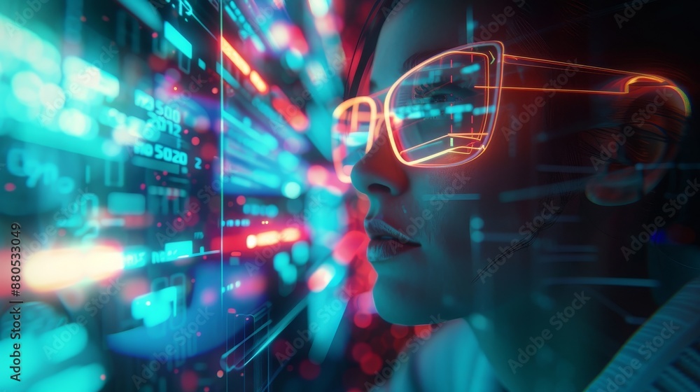 Poster software, coding hologram, and woman on tablet discussing data analytics, digital technology, and ni