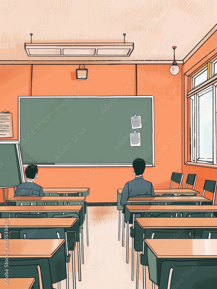Poster empty classroom illustration - an illustration of an empty classroom with desks and chairs, and a bl