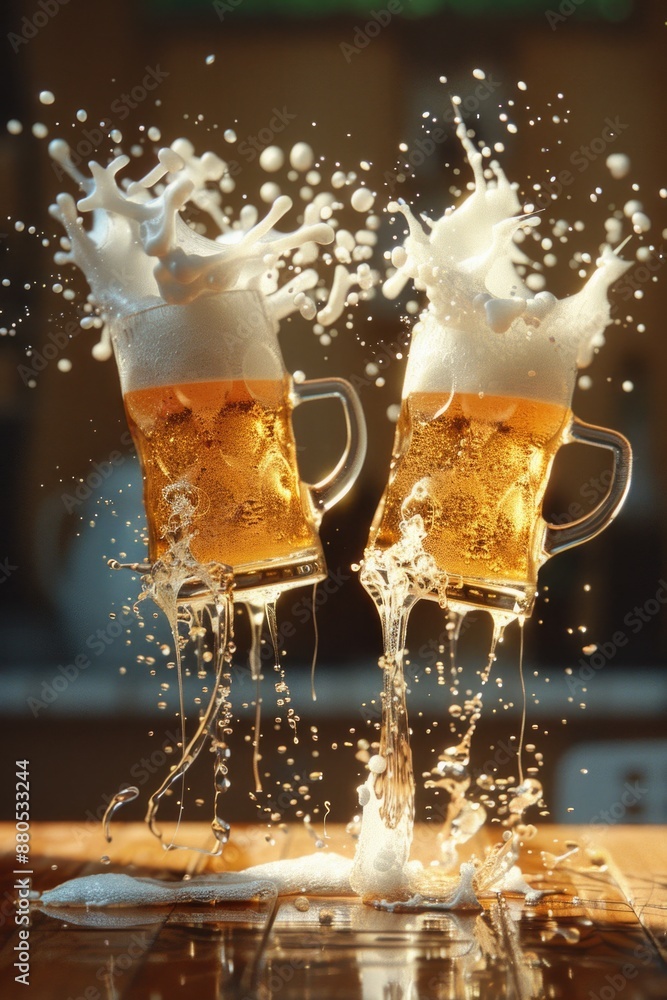Poster two mugs of beer splashing onto a table, perfect for capturing the moment when friends gather to sha