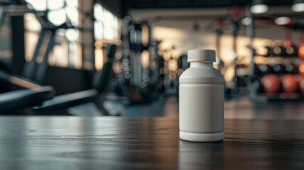 A white supplement bottle placed on the table in front of blurred gym
