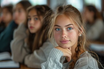 Obraz premium Focused young girl with striking blue eyes and freckles wearing a grey sweater sitting in a classroom setting, engrossed in a lesson alongside peers.