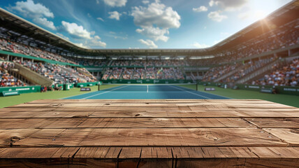 Fototapeta premium A wooden table top with the background of an outdoor tennis stadium