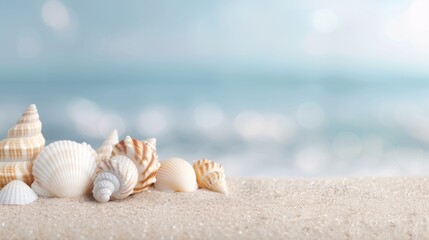 Collection of seashells on sandy beach with blurred ocean background, perfect for summer, vacation, or nature themes.