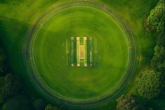 Aerial view of a lush green cricket field with a perfectly aligned pitch in the center, detailed boundary lines, and visible field markings.