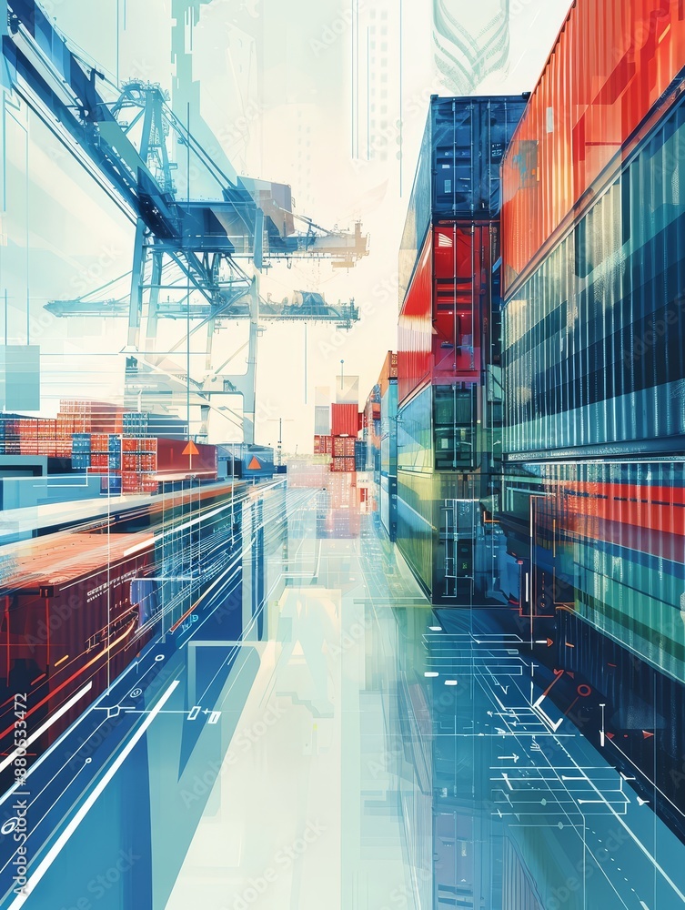 Poster abstract container port - an abstract depiction of a container port with cranes, ships, and containe