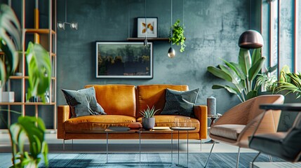 Modern living room interior with orange sofa and green plants