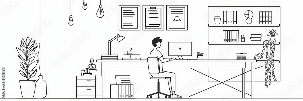 Poster man working at desk with computer in minimalist interior - a minimalist illustration of a man workin