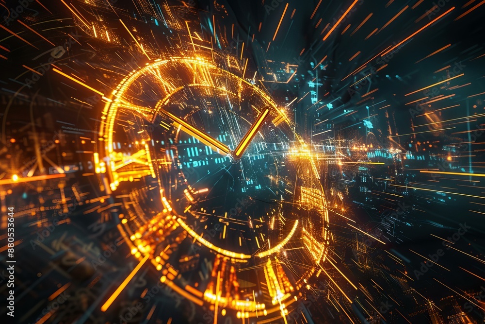Poster abstract clock face exploding with light speed trails representing the concept of time flying by qui