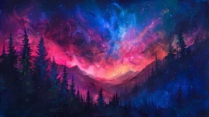 A night scene featuring the aurora borealis with shades of pink, purple, and blue in the sky