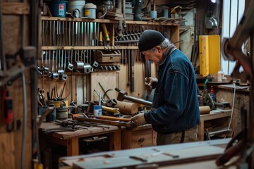 Elderly carpenter focused on hammering chisel in his workshop