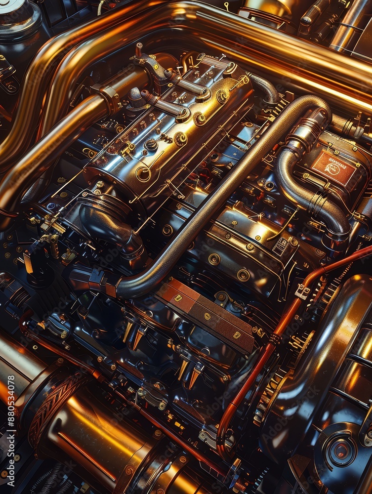 Poster close-up view of a highly detailed engine with intricate parts and copper pipes. - a close-up view o