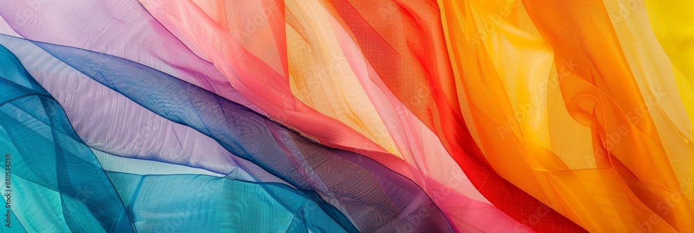 Poster abstract rainbow fabric - a close-up image of a colorful sheer fabric with a rainbow gradient and a 