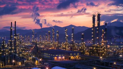 Fototapeta premium Industrial Complex at Sunset - A vast industrial complex with towering chimneys and pipelines silhouetted against a vibrant sunset sky. - A vast industrial complex with towering chimneys and pipelines